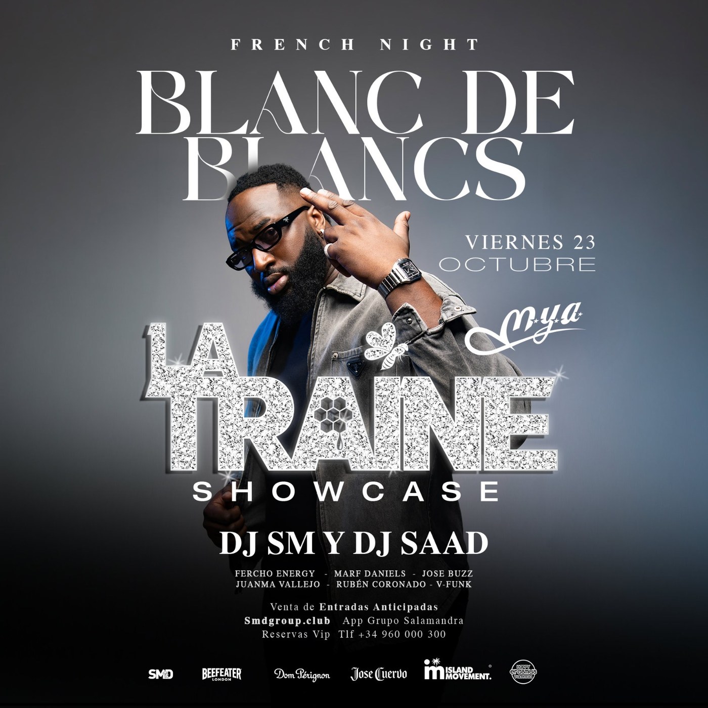 Flyer oficial de Blanc de Blancs French Night en MYA Valencia, viernes 23 de octubre de 2026, con La Traîne en showcase