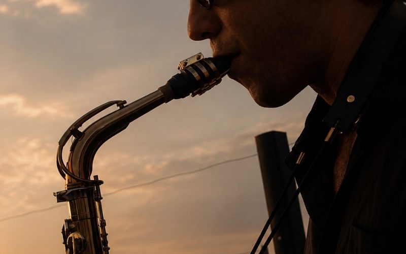 Saxofonista tocando en directo al atardecer en el restaurante Sabbia de Valencia